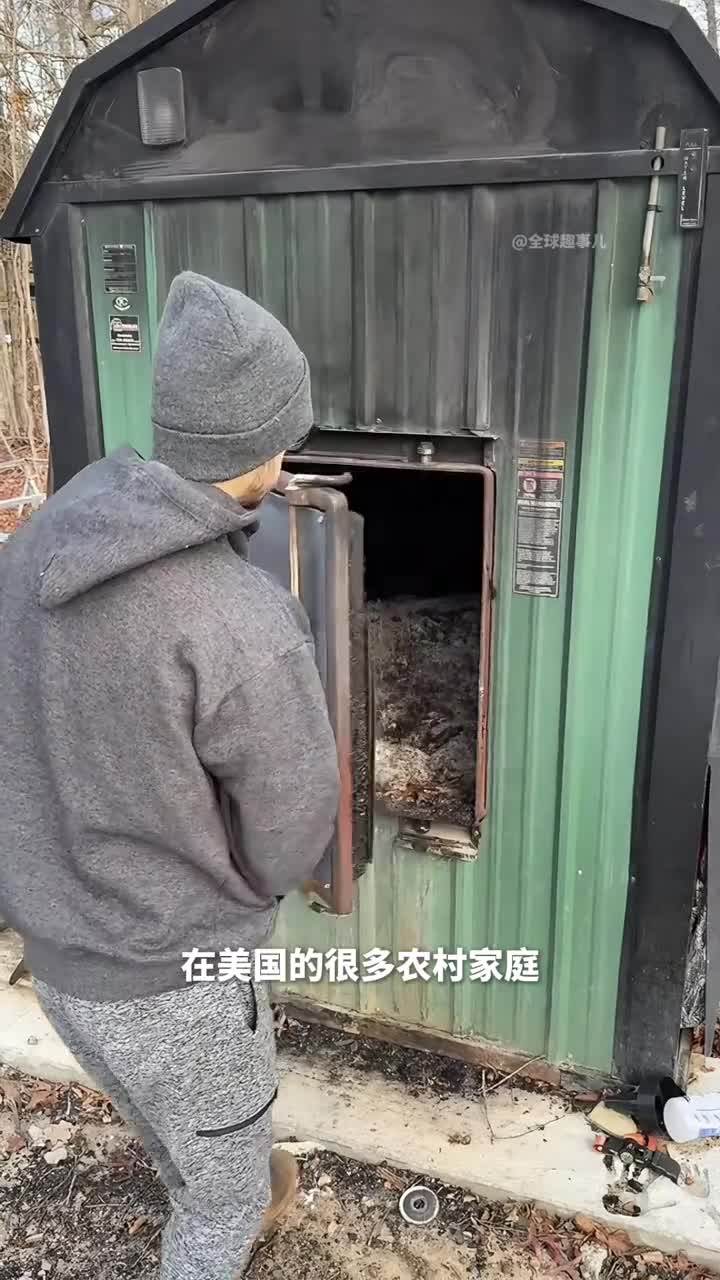 室外木材锅炉冬天取暖靠室外大铁箱