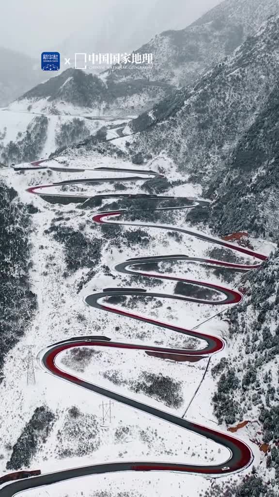 这是雪后的盘坡游龙青海互助的十二盘坡因有十二个拐弯而得名蜿蜒曲折的公路盘踞山间到了冬季瑞雪飘然而至盘旋俯仰的十二盘坡宛若雪地游龙腾跃于锦绣大地之上