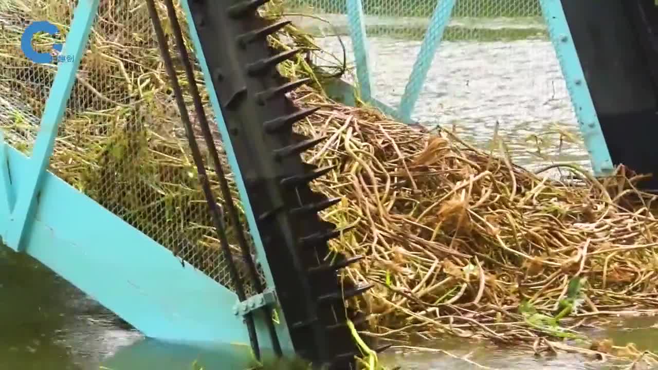 不可思议的水上清理机把杂草传送收集上来