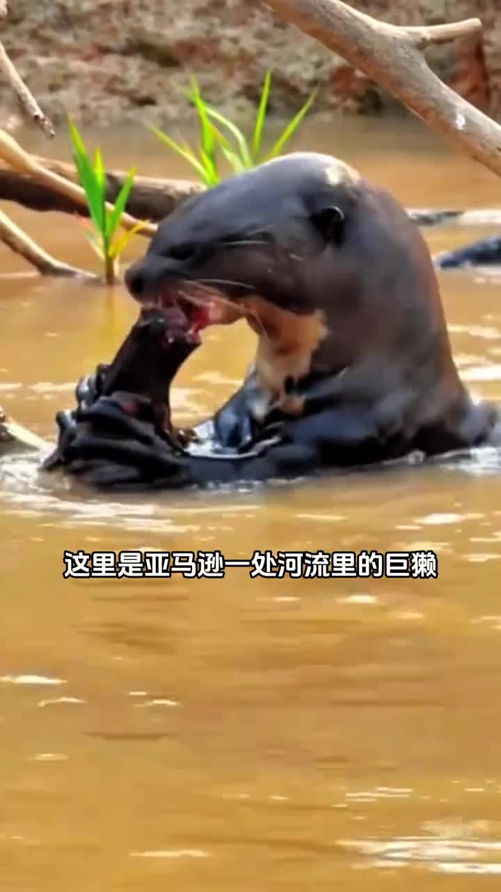 亚马逊巨獭享受电鳗大餐