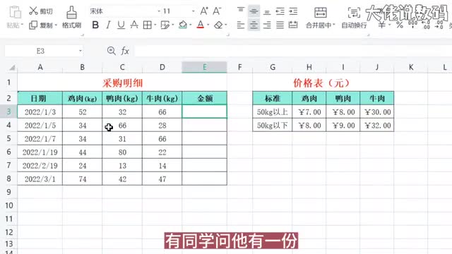 采购物品的不同重量匹配不同单价
