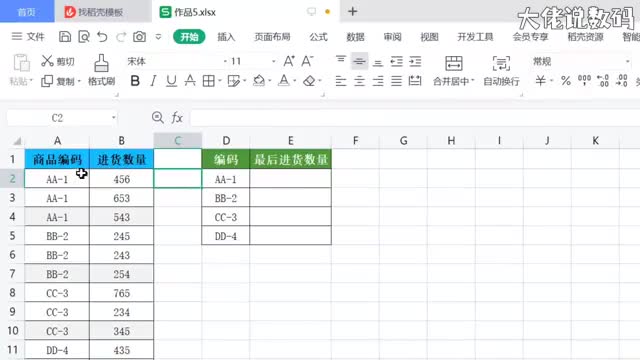 一列相同编码获取最后一次编码的进货数量