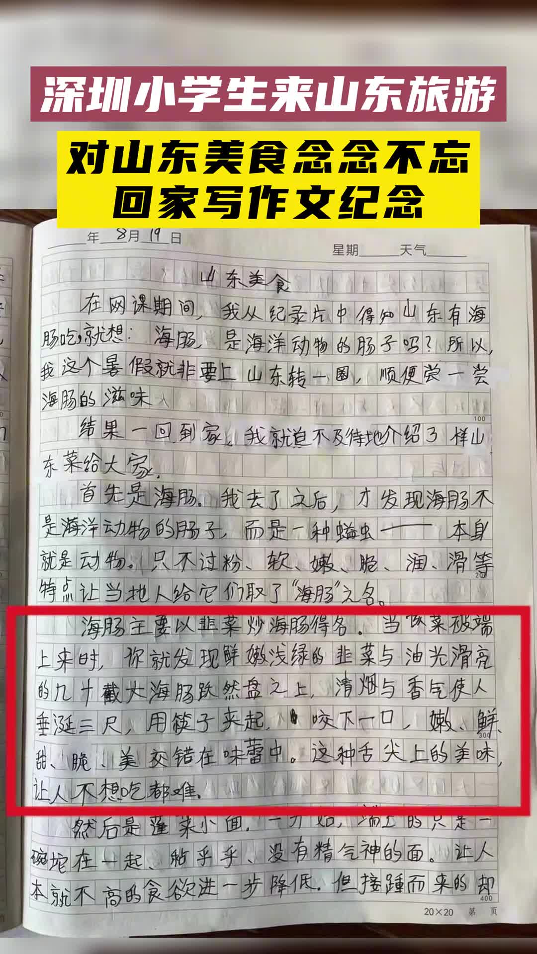 深圳小学生来山东旅游对山东美食念念不忘回家写作文纪念山东网友再来我招待