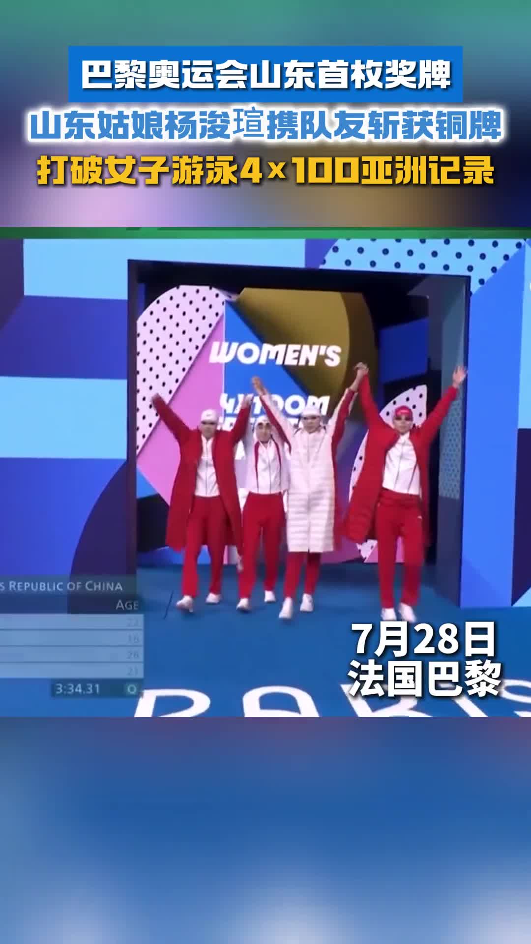 巴黎奥运会山东首枚奖牌山东姑娘携队友斩获铜牌打破女子游泳4100亚洲纪录