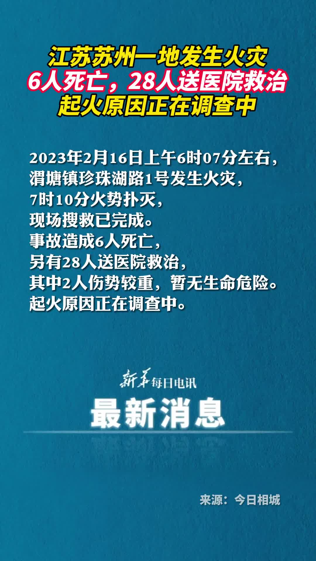江苏苏州一地发生火灾事故造成6人死亡另有28人送医院救治起火原因正在调查中