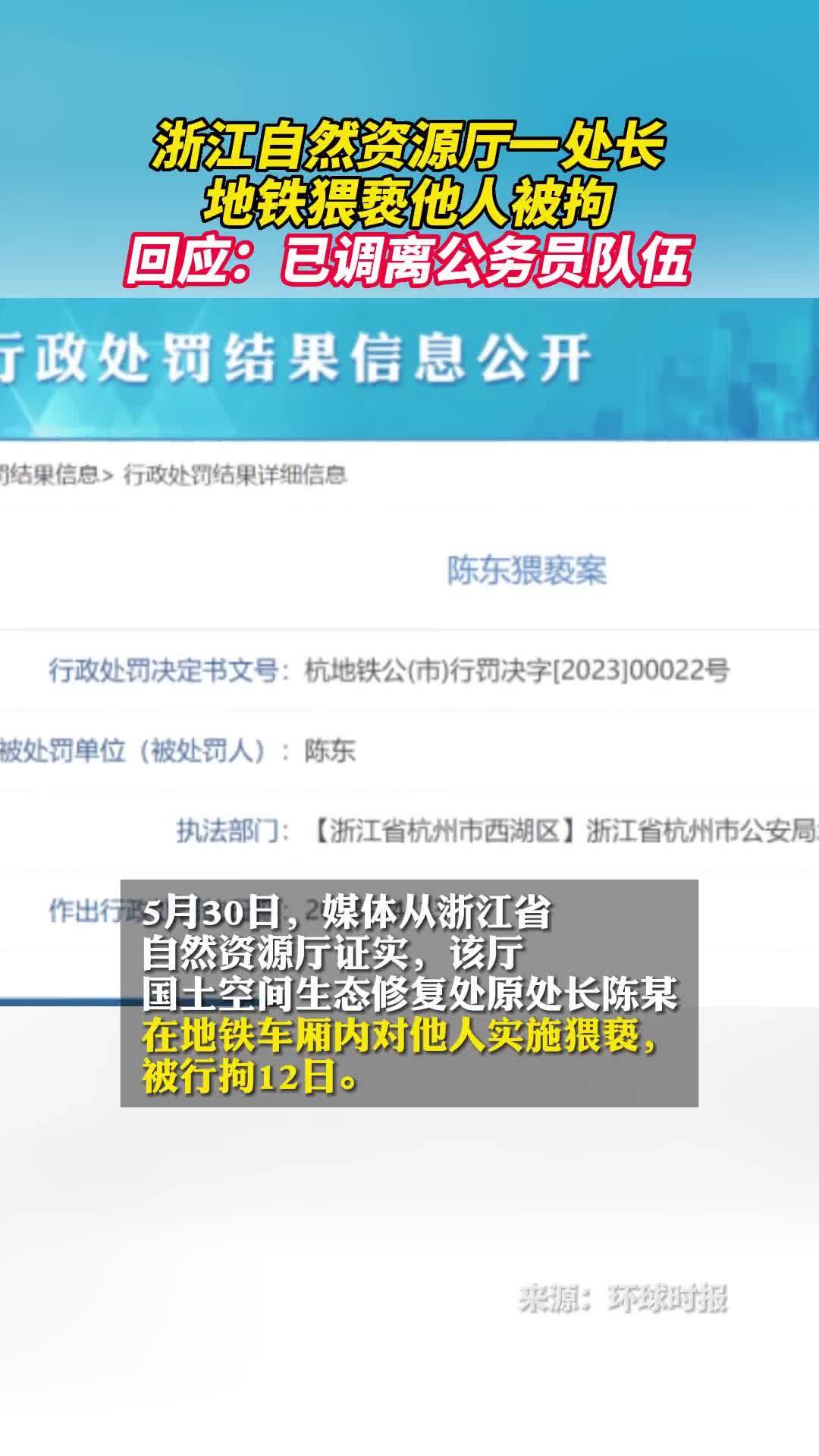 浙江自然资源厅一处长地铁猥亵他人被拘回应已调离公务员队伍