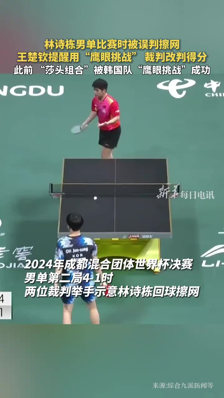 林诗栋男单比赛时被误判擦网王楚钦提醒用鹰眼挑战裁判改判得分此前莎头组合被韩国队鹰眼挑战成功
