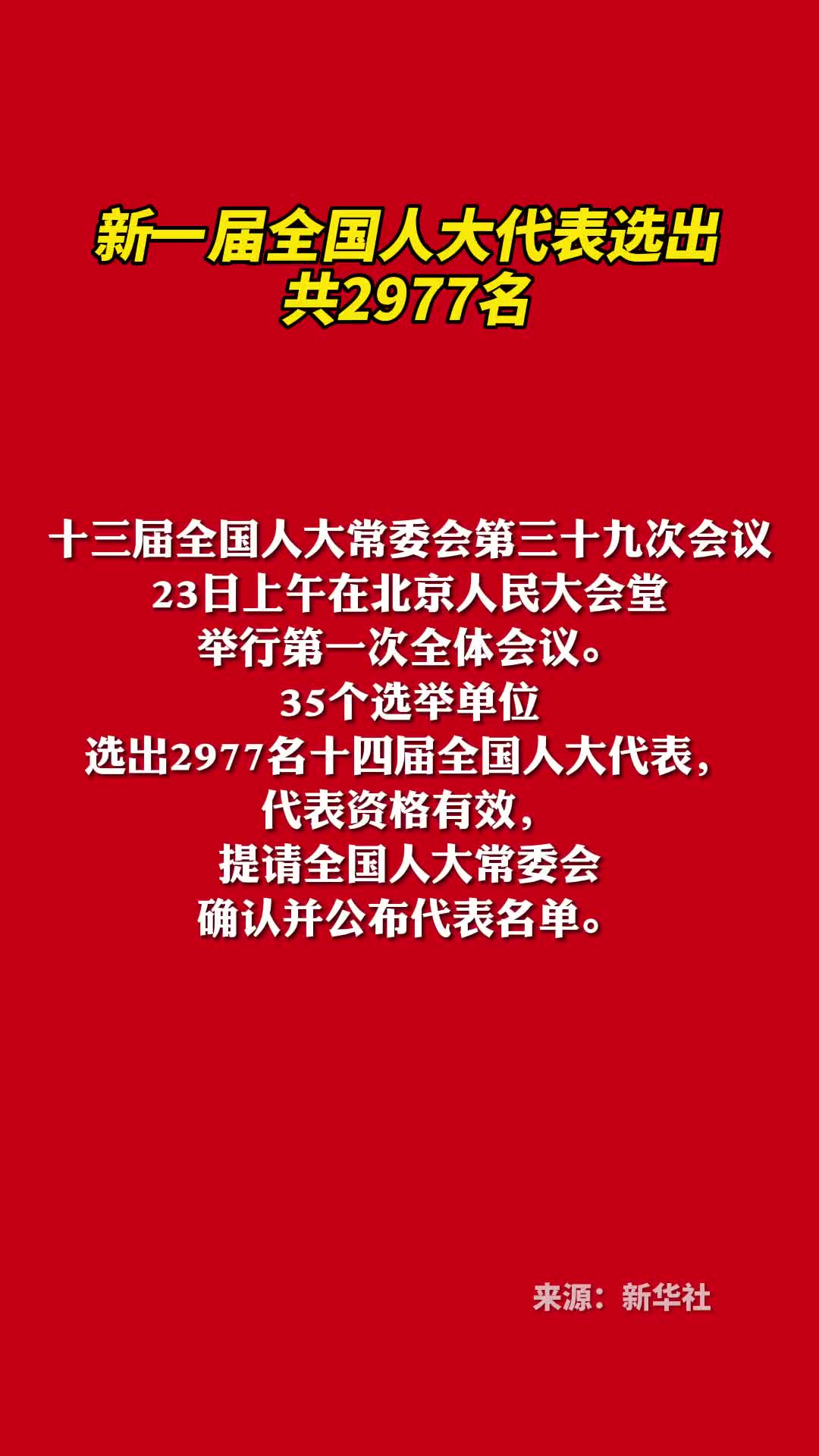 新一届全国人大代表选出共2977名