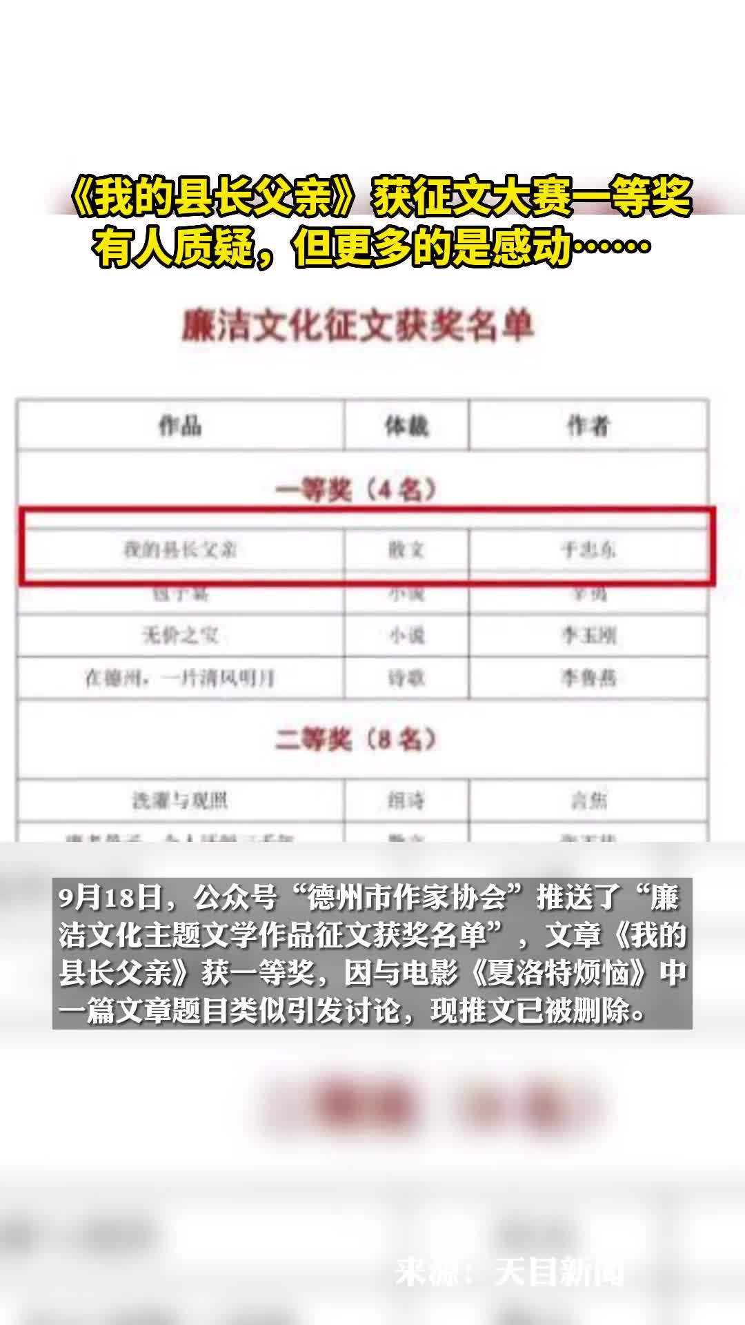 我的县长父亲获征文大赛一等奖有人质疑但更多的是感动