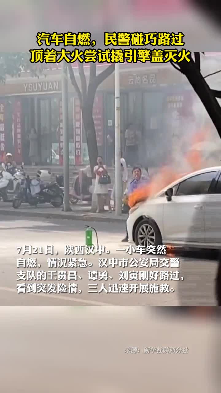 汽车自燃民警碰巧路过顶着大火尝试撬引擎盖灭火