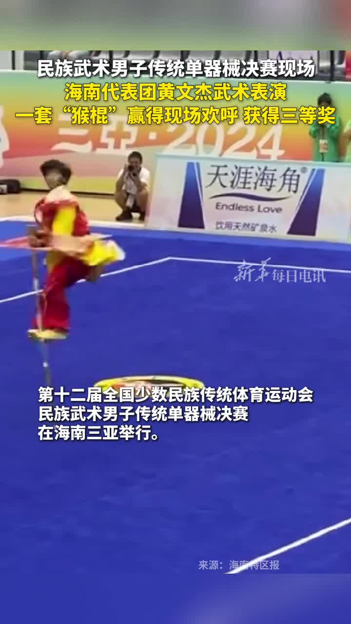 民族武术男子传统单器械决赛现场海南代表团黄文杰武术表演一套猴棍赢得现场欢呼获得三等奖