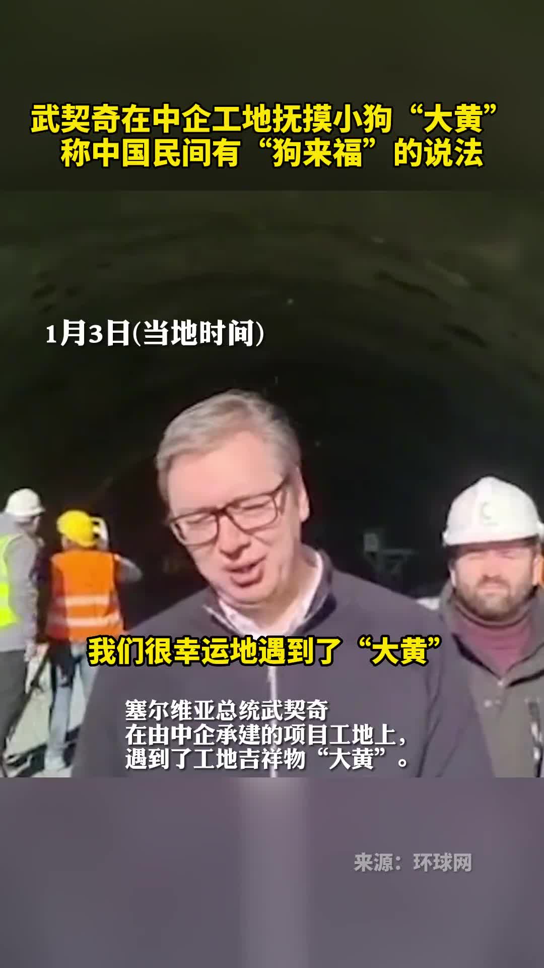 武契奇在中企工地抚摸小狗大黄称中国民间有狗来福的说法