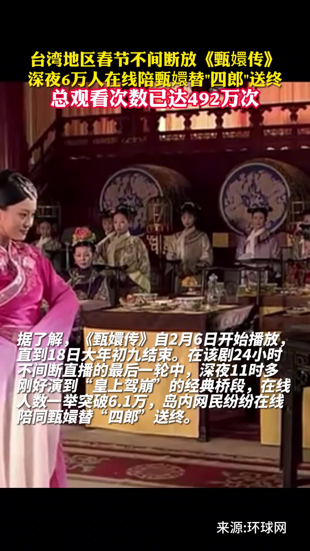总观看次数已达492万次台湾地区春节不间断放甄嬛传深夜6万人在线陪甄嬛替四郎送终