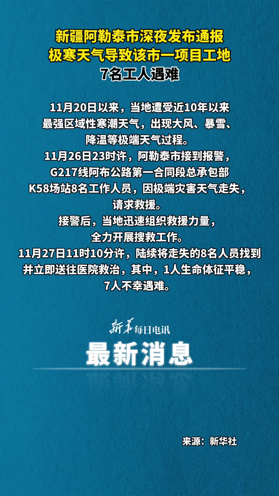 新疆阿勒泰市深夜发布通报极寒天气导致该市一项目工地7名工人遇难