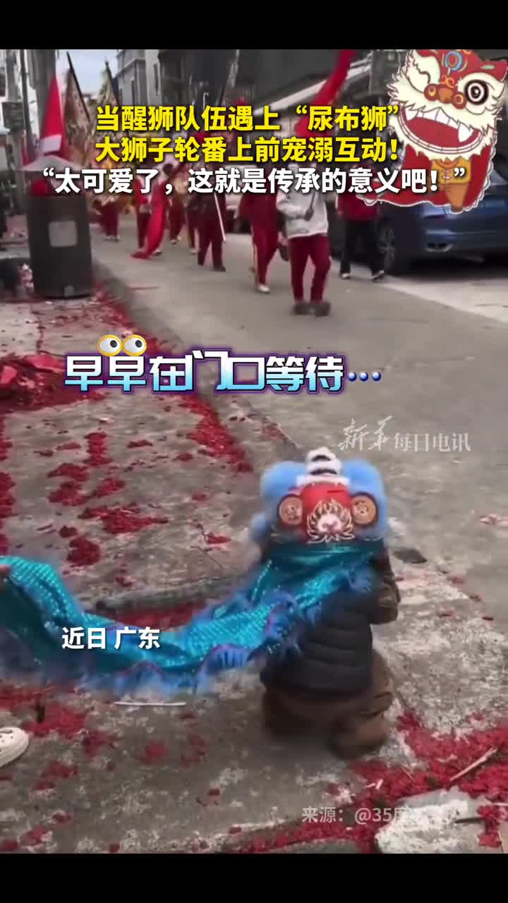 当醒狮队伍遇上尿布狮大狮子轮番上前宠溺互动太可爱了这就是传承的意义吧