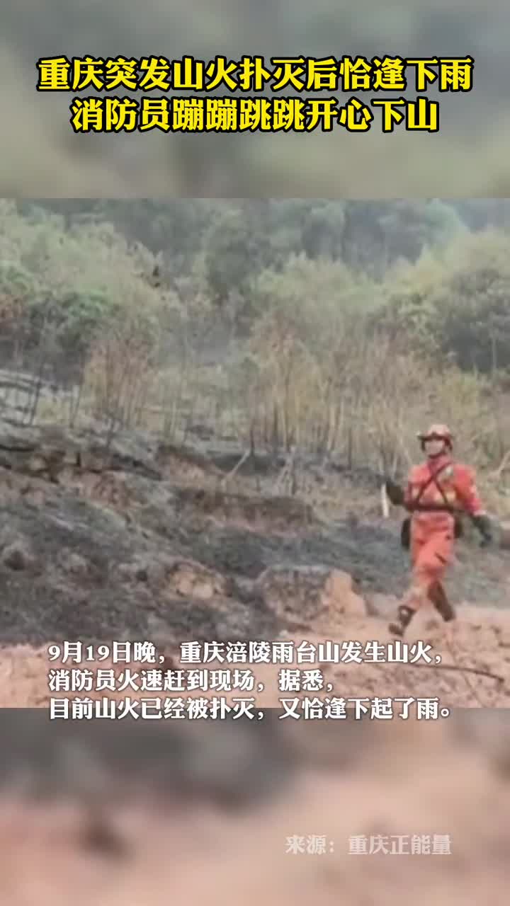 重庆突发山火扑灭后恰逢下雨消防员蹦蹦跳跳开心下山
