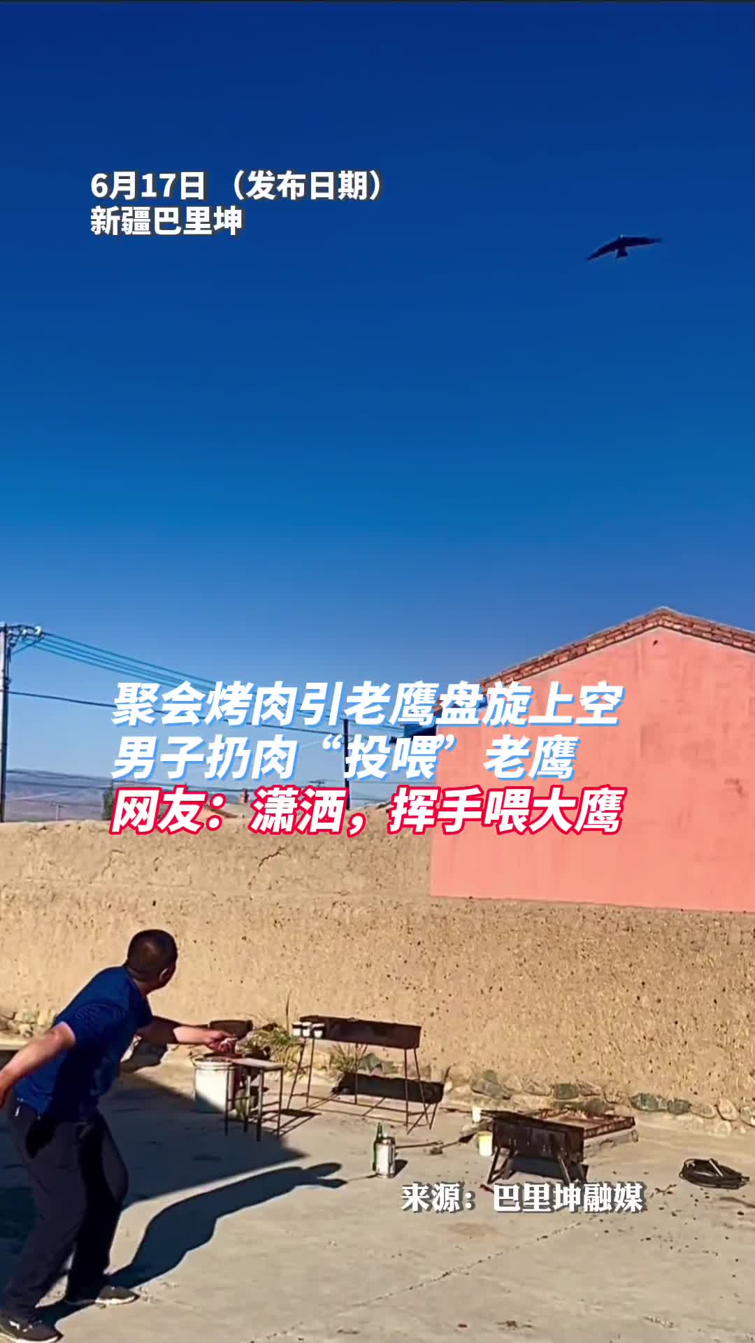 聚会烤肉引老鹰盘旋上空男子扔肉投喂老鹰网友潇洒挥手喂大鹰