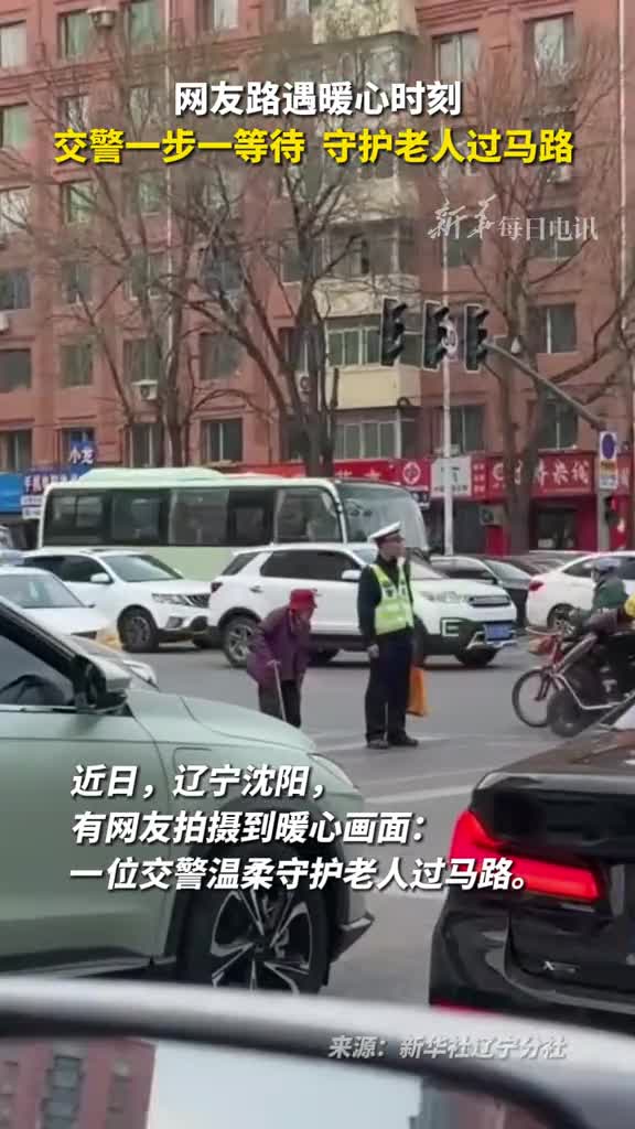 网友路遇暖心时刻交警一步一等待守护老人过马路