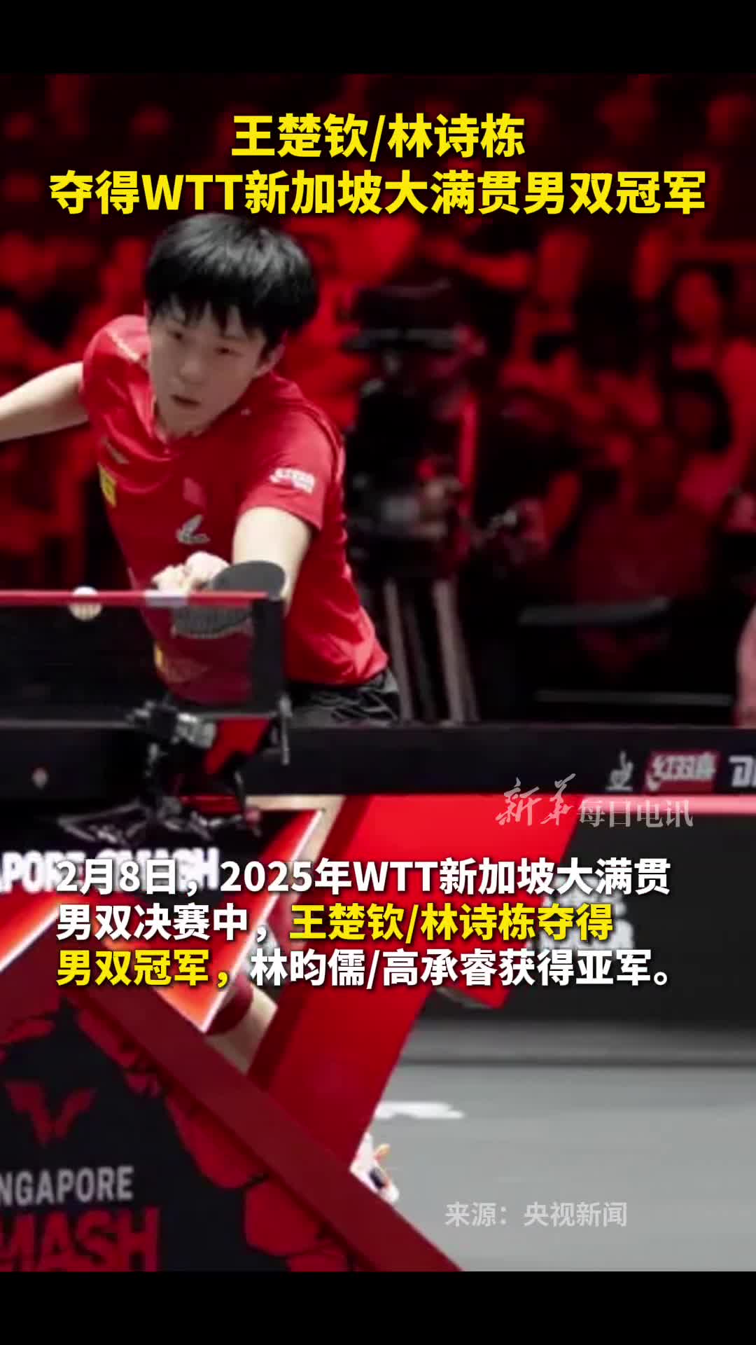 王楚钦林诗栋夺得WTT新加坡大满贯男双冠军