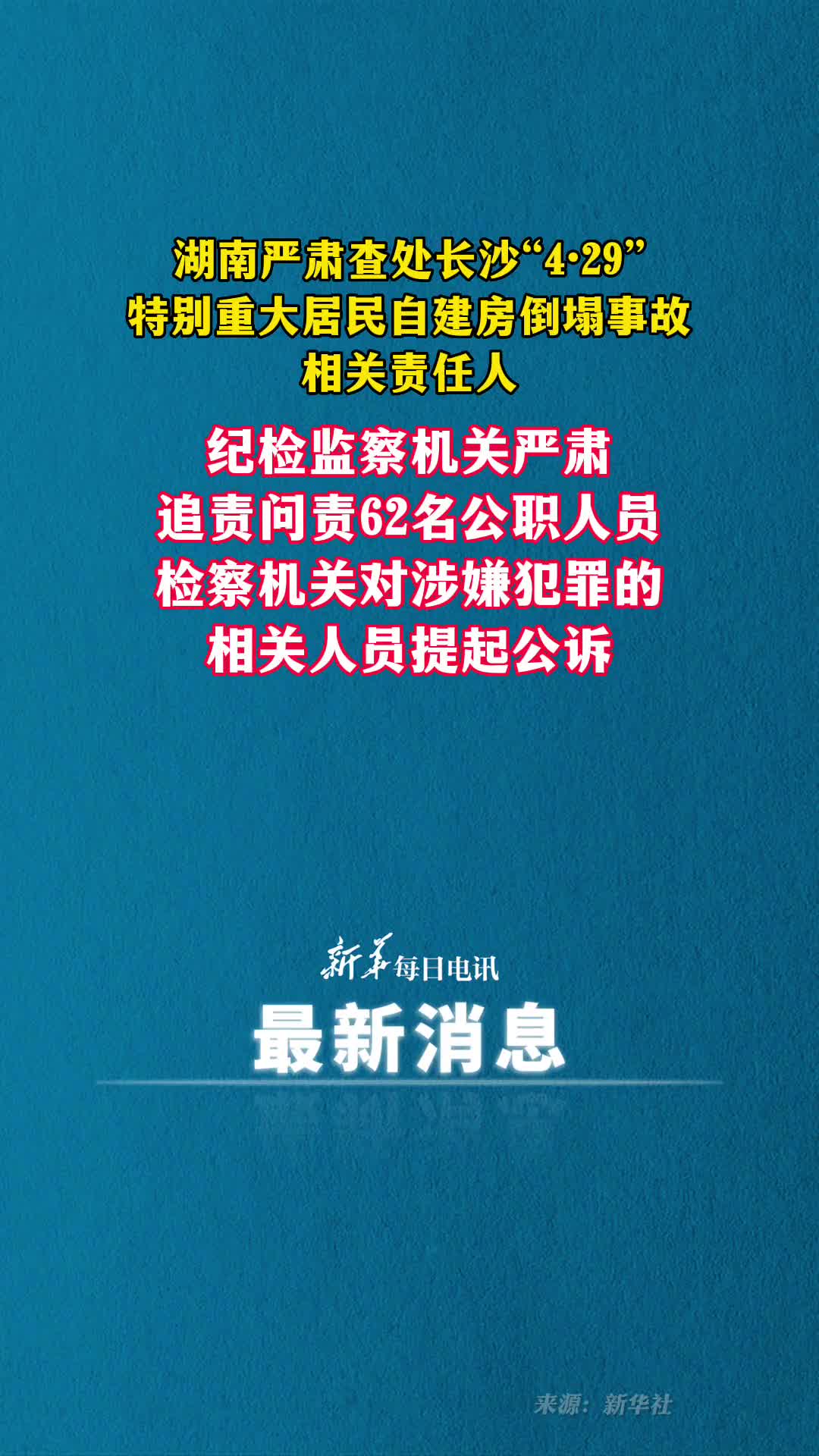 湖南严肃查处长沙429特别重大居民自建房倒塌事故相关责任人纪检监察机关严肃追责问责62名公职人员