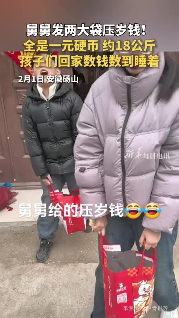 舅舅发两大袋压岁钱全是一元硬币约18公斤孩子们回家数钱数到睡着