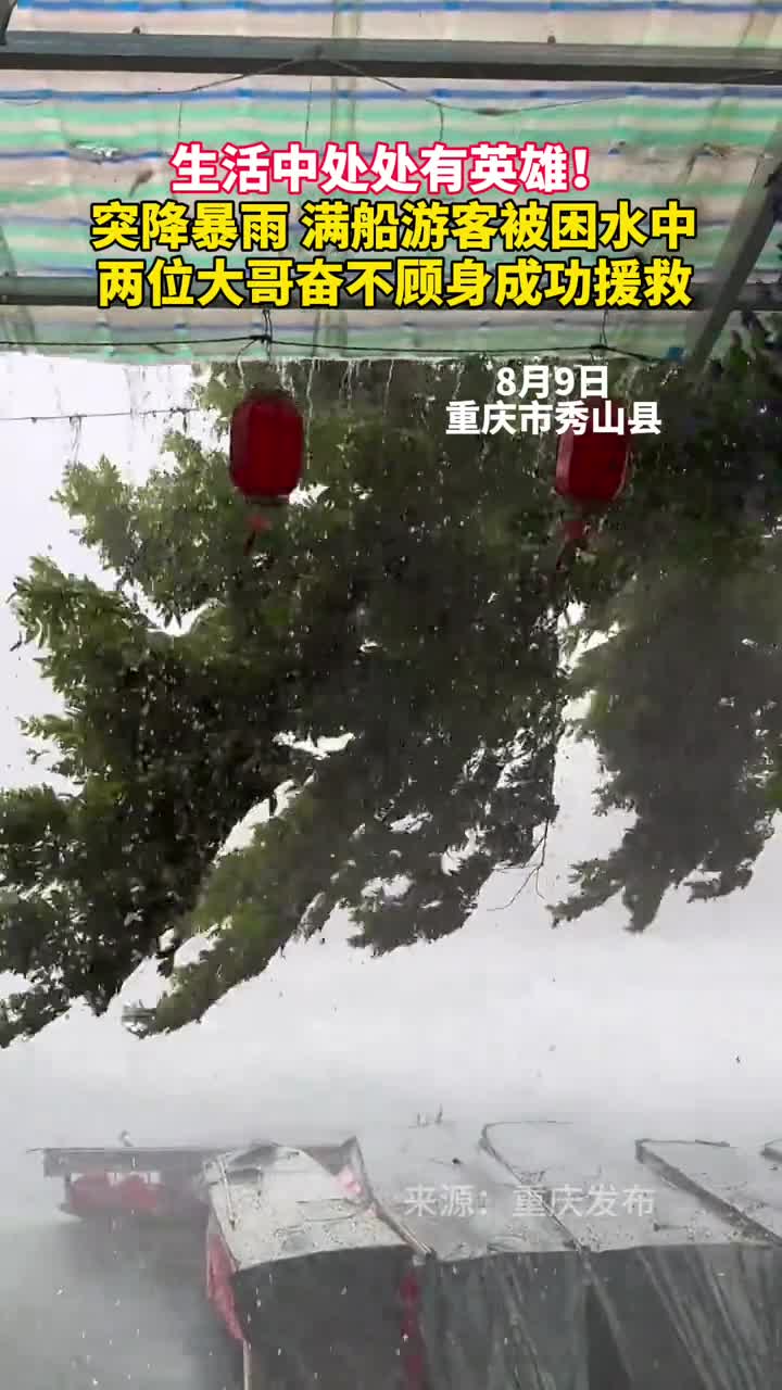生活中处处有英雄突降暴雨满船游客被困水中两位大哥奋不顾身成功援救
