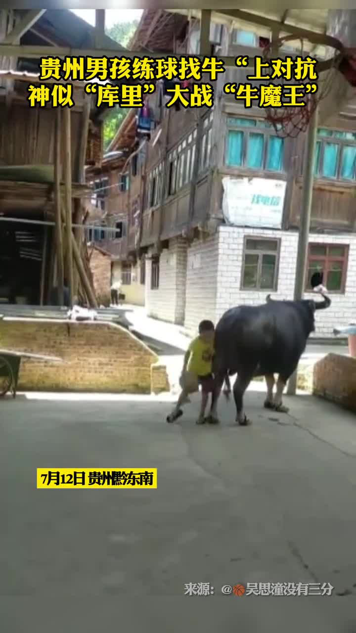 贵州男孩练球找牛上对抗神似库里大战牛魔王