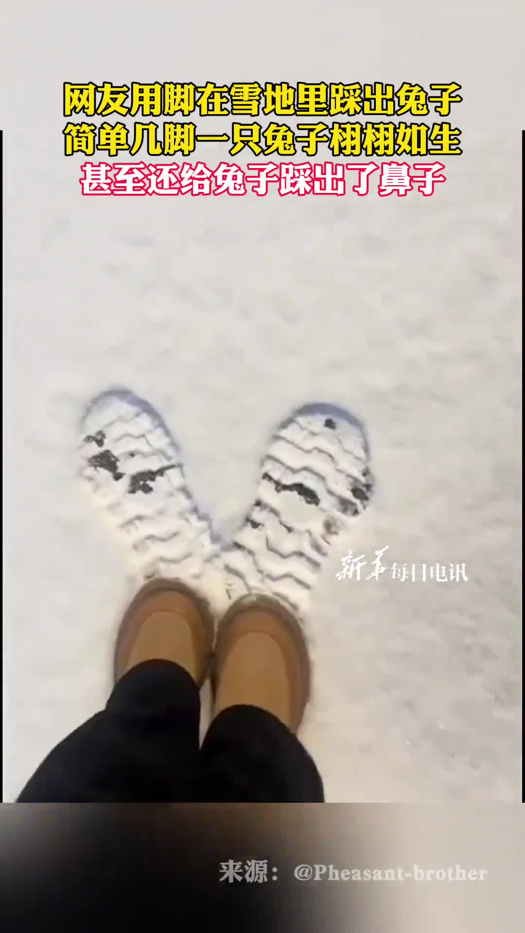 网友用脚在雪地里踩出兔子简单几脚一只兔子栩栩如生甚至还给兔子踩出了鼻子