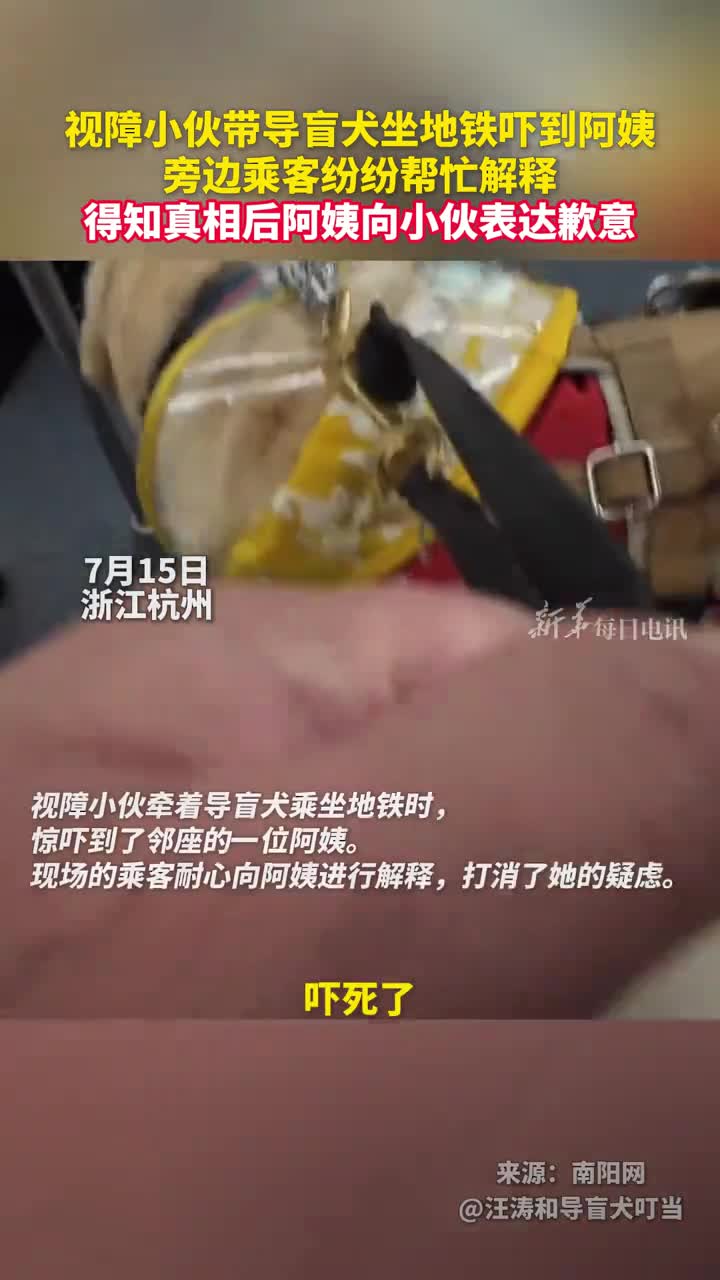 视障小伙带导盲犬坐地铁吓到阿姨旁边乘客纷纷帮忙解释得知真相后阿姨向小伙表达歉意