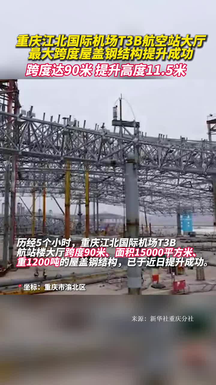 重庆江北国际机场T3B航站楼大厅最大跨度屋盖钢结构提升成功