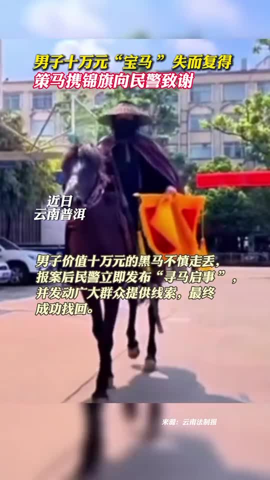 男子十万元宝马失而复得策马携锦旗向民警致谢