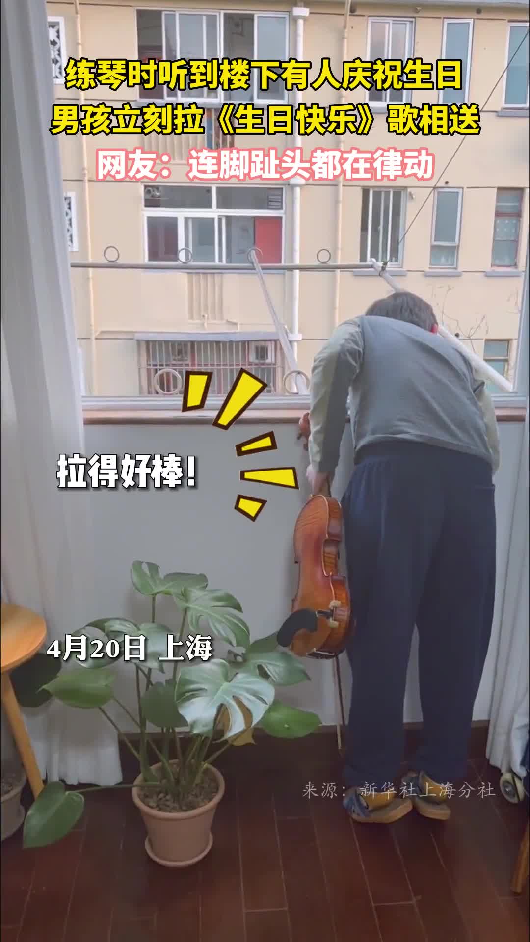 练琴时听到楼下有人庆祝生日男孩立刻拉生日快乐歌相送