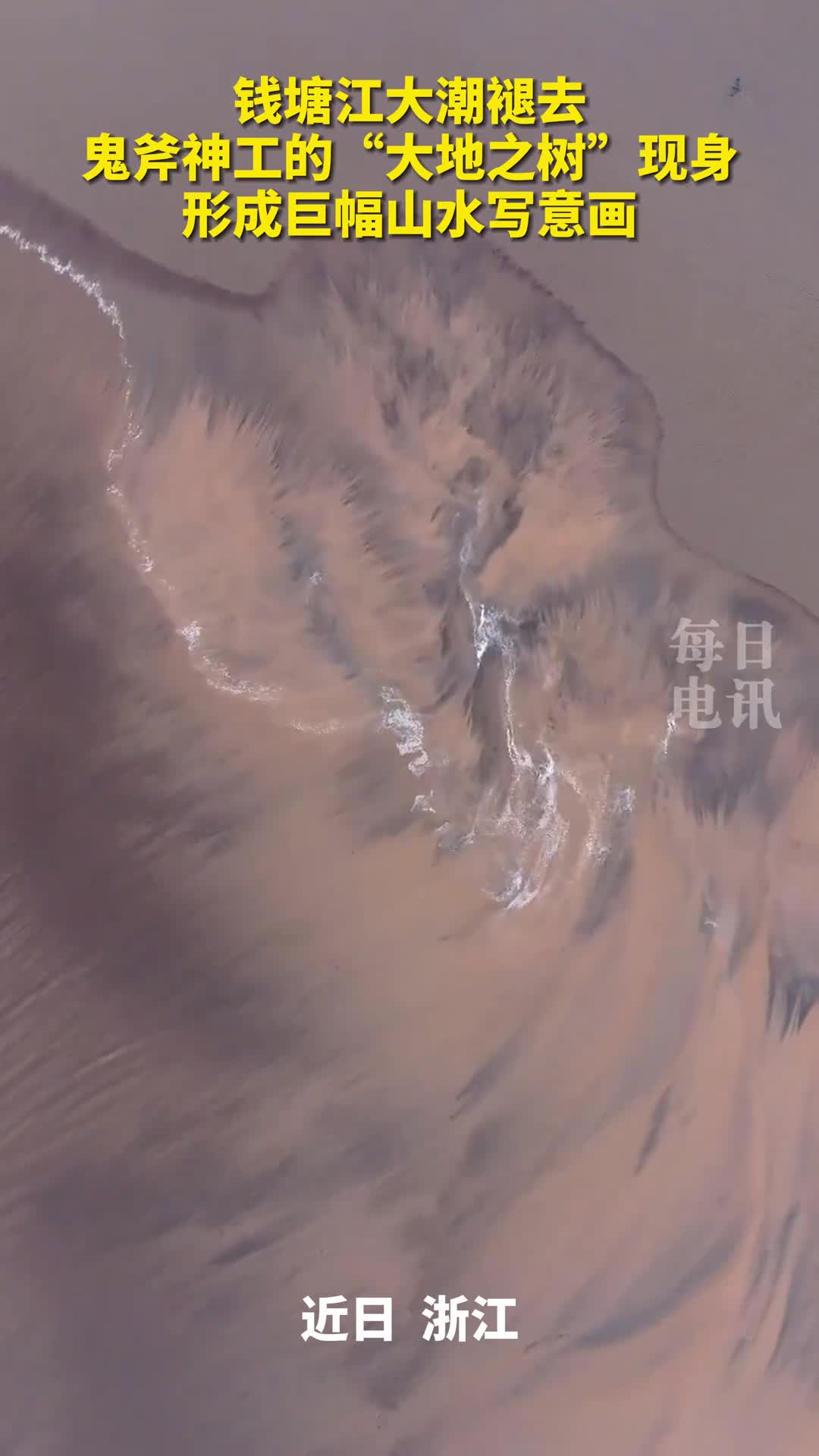 钱塘江大潮褪去鬼斧神工的大地之树现身形成巨幅山水写意画