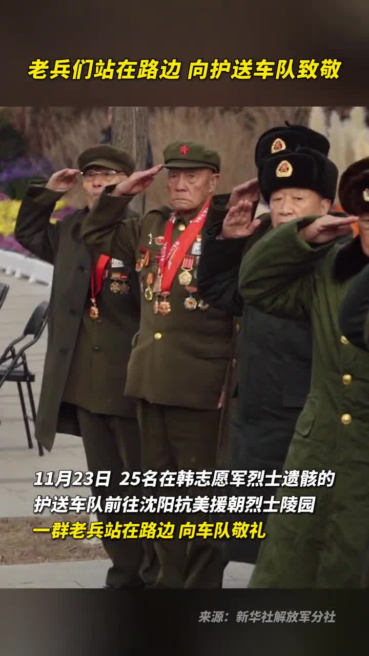 老兵们站在路边向护送车队致敬