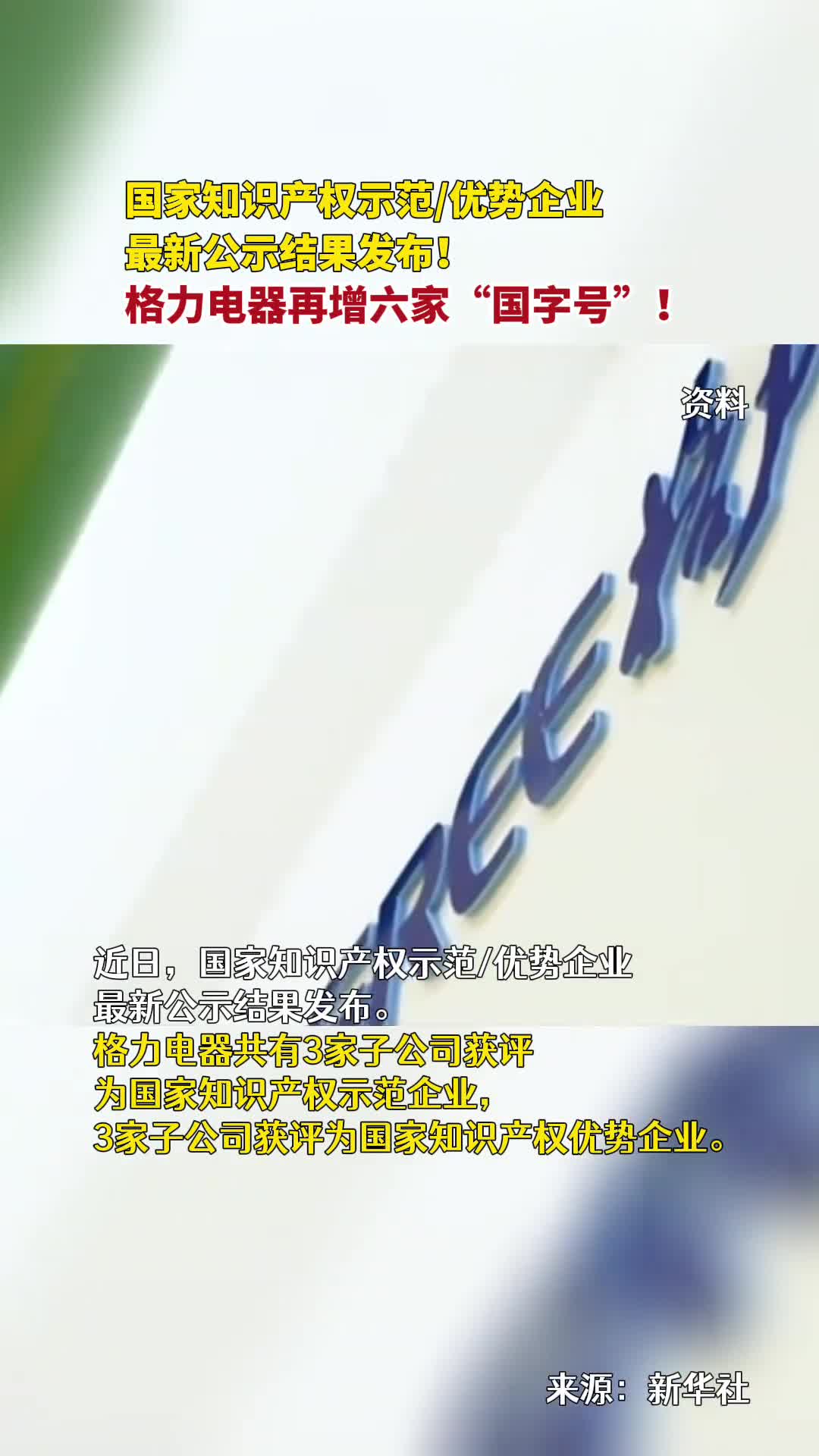 近日国家知识产权示范优势企业最新公示结果发布格力电器再增六家国字号
