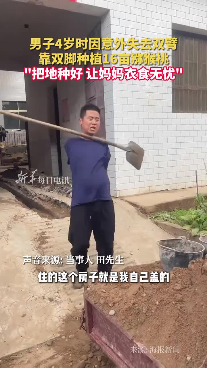 男子4岁时因意外失去双臂靠双脚种植16亩猕猴桃把地种好让妈妈衣食无忧