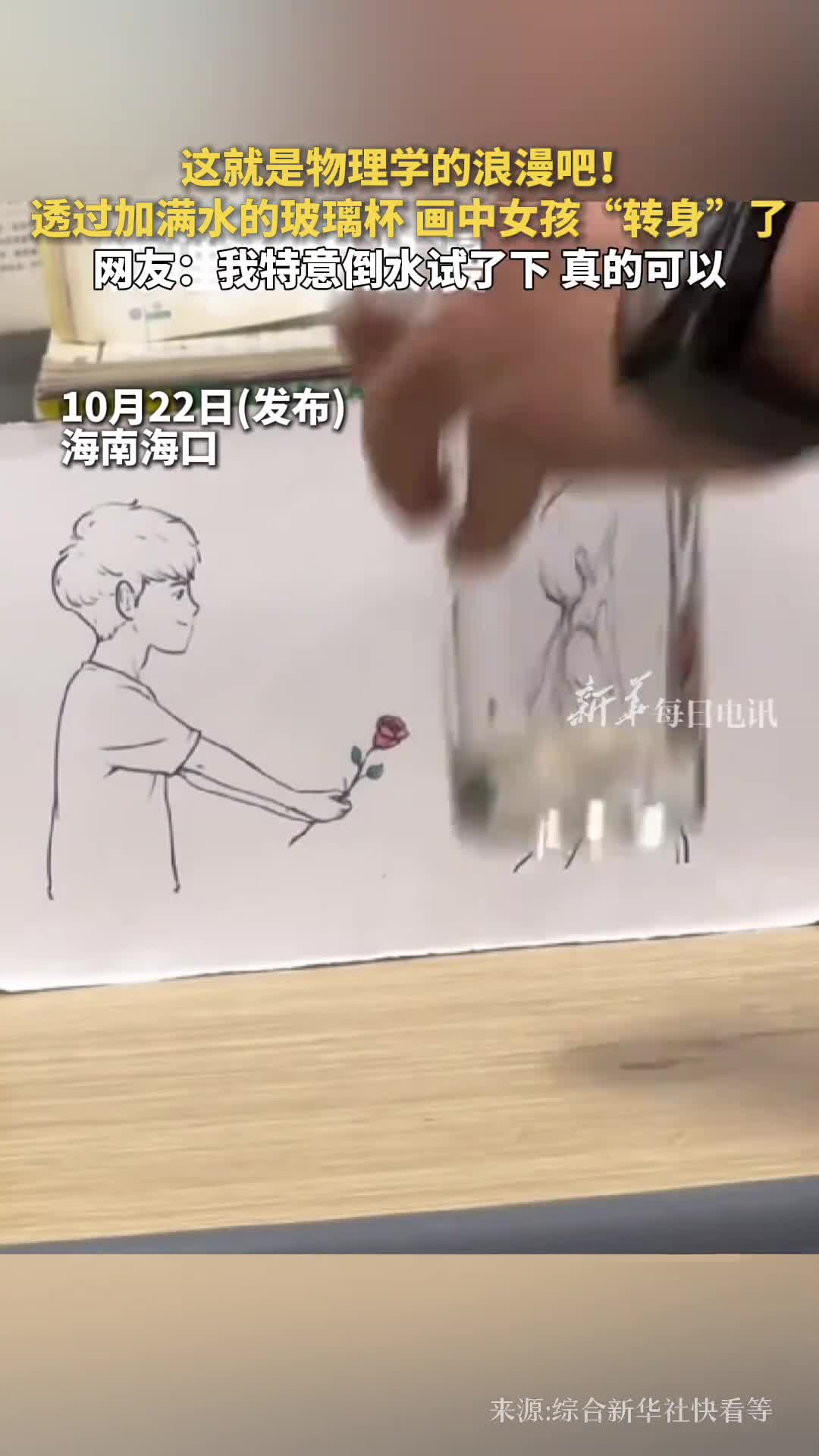 这就是物理学的浪漫吧透过加满水的玻璃杯画中女孩转身了网友我特意倒水试了下真的可以