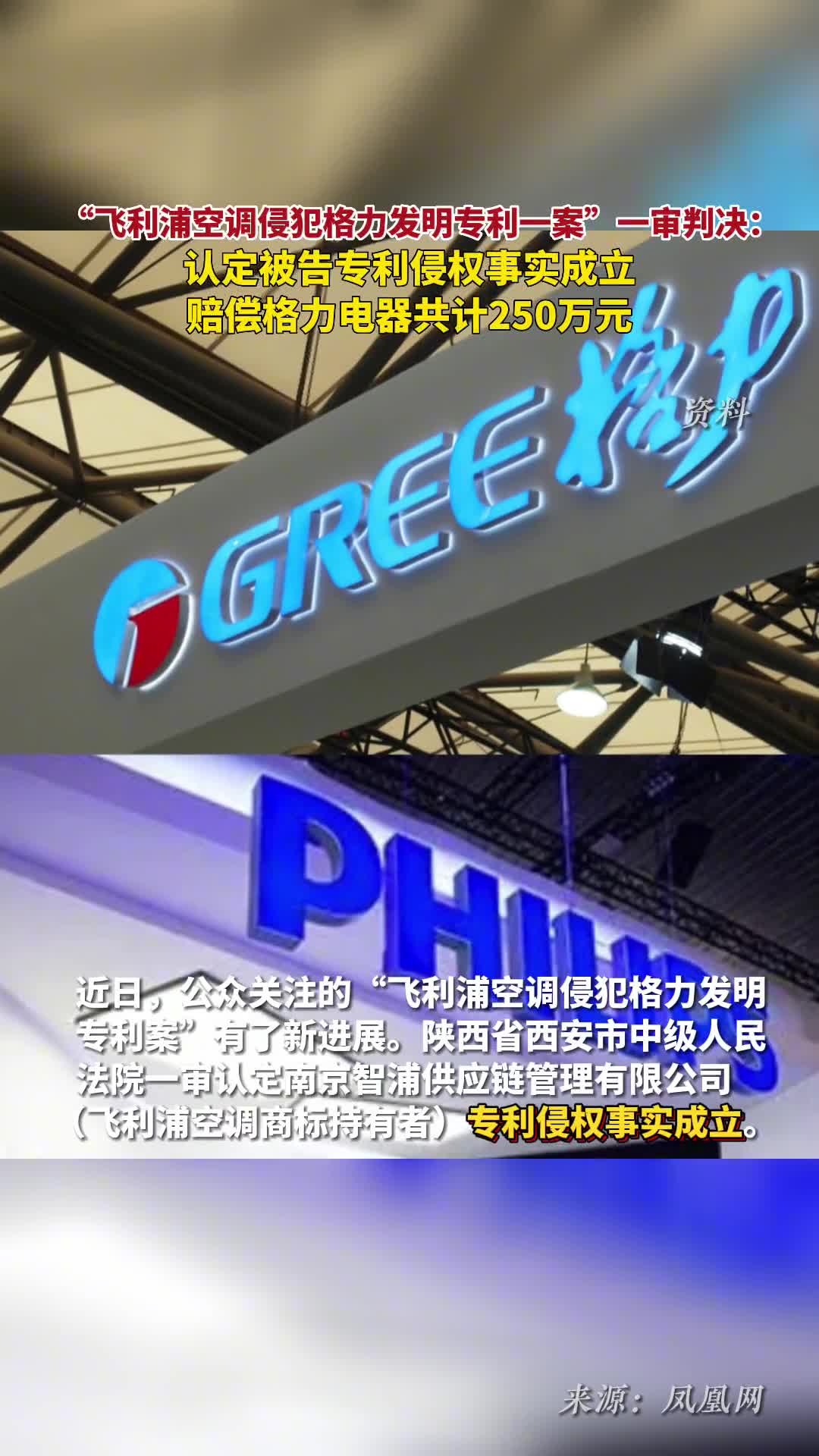 飞利浦空调侵犯格力发明专利一案一审判决认定被告专利侵权事实成立赔偿格力电器共计250万元