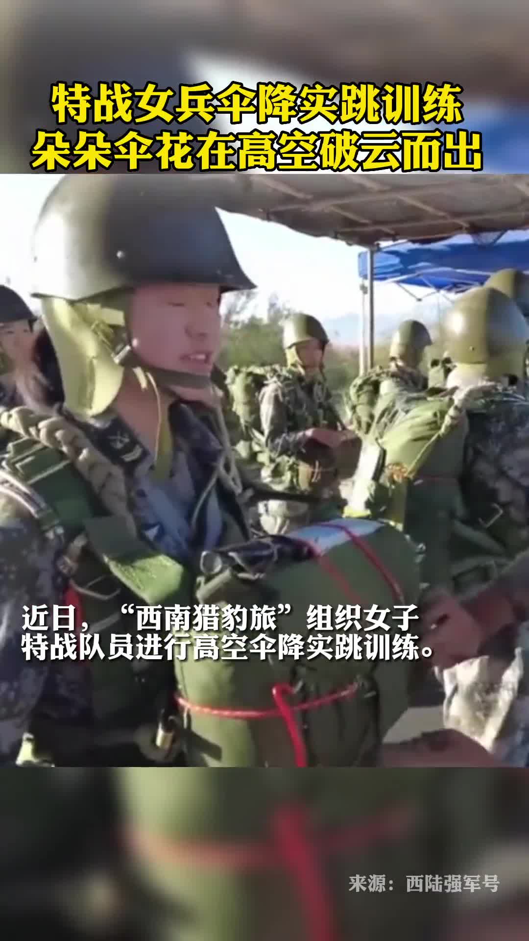 特战女兵伞降实跳训练朵朵伞花在高空破云而出