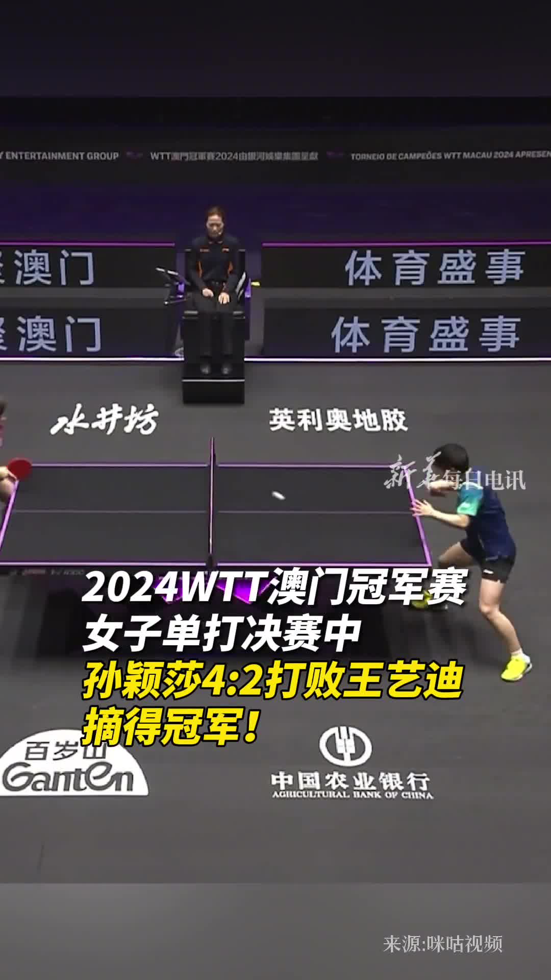 祝贺2024WTT澳门冠军赛女子单打决赛中孙颖莎42打败王艺迪摘得冠军