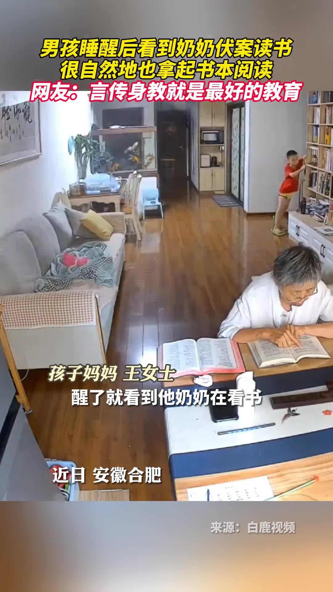 男孩睡醒后看到奶奶伏案读书很自然地也拿起书本阅读网友言传身教就是最好的教育