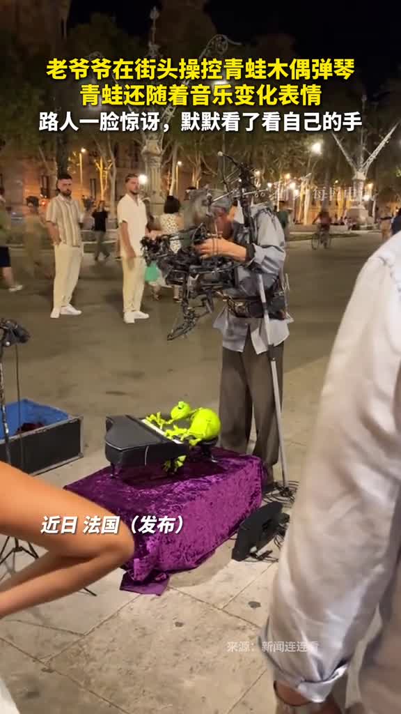 老爷爷在街头操控青蛙木偶弹琴青蛙还随着音乐变化表情路人一脸惊讶默默看了看自己的手
